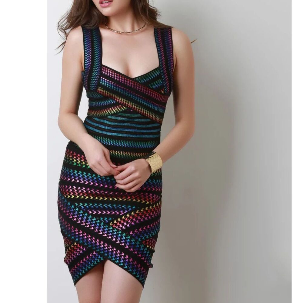 Legerbabe Multicolor Geometric V Neck Bodycon Bandage Dress Size P